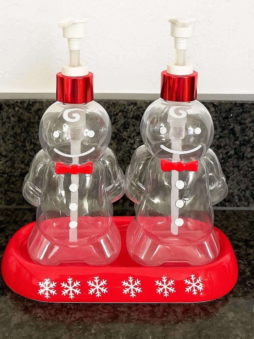 Gingerbread Men Soap & Lotion Dispenser Set Red Snowflake Tray - Christmas Decor